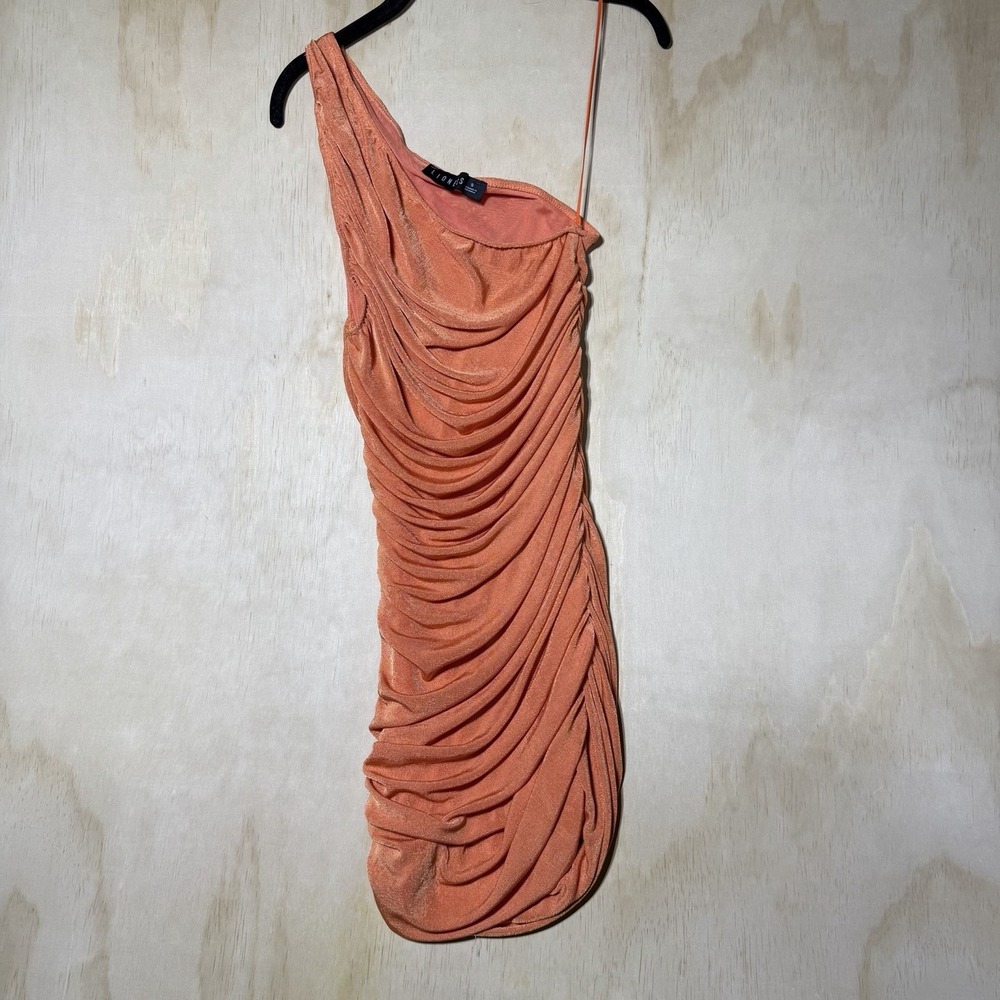 Lioness One Shoulder Ruched Mini Dress‎ Orange Shimmer Bodycon Women's Small